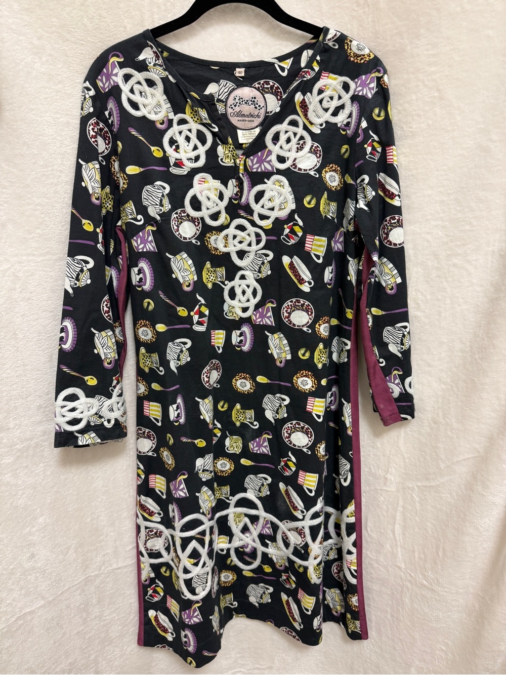 Vintage Almatrichi Black Tea Party Print Midi Dress with White Appliqué